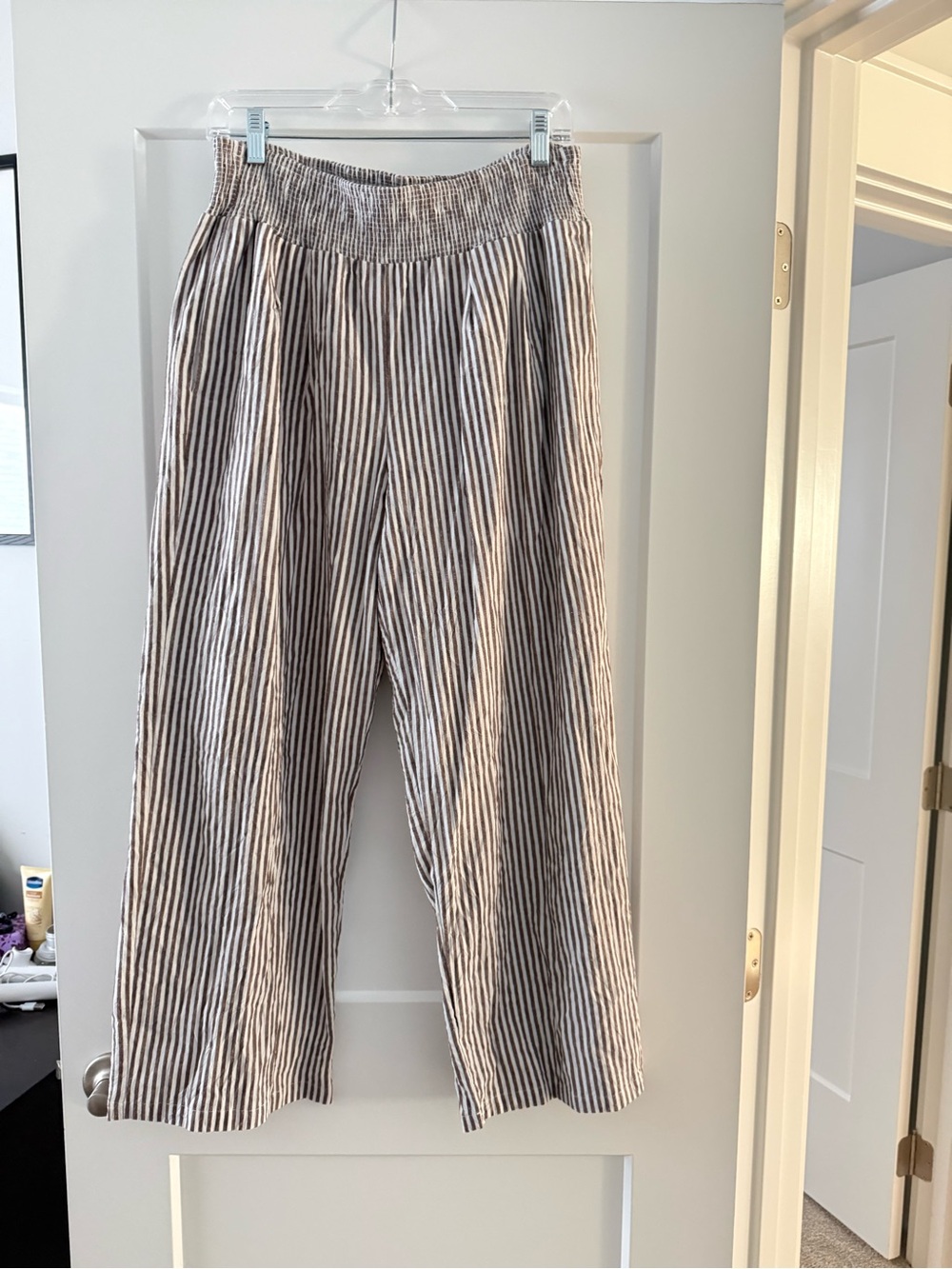 Amazon Wide-Leg Pull-On Pants — Tan & White Stripes